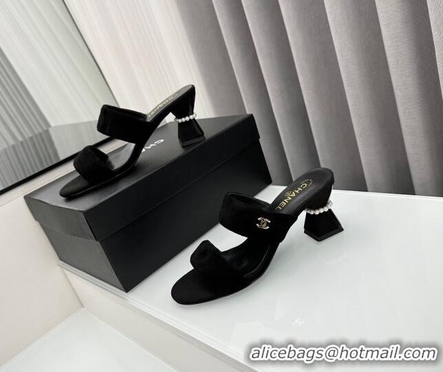 Pretty Style Chanel Suede Heel Slide Sandal 7cm with Pearls G45685 Black 424147