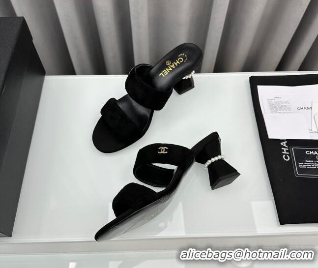 Pretty Style Chanel Suede Heel Slide Sandal 7cm with Pearls G45685 Black 424147