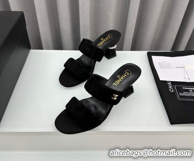 Pretty Style Chanel Suede Heel Slide Sandal 7cm with Pearls G45685 Black 424147