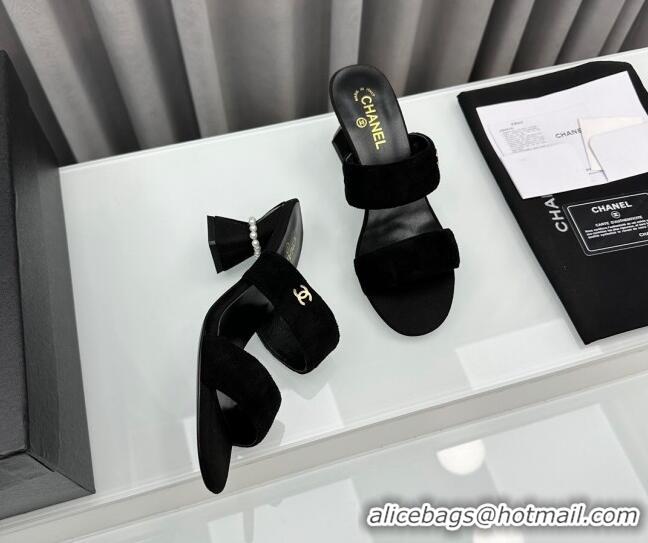 Pretty Style Chanel Suede Heel Slide Sandal 7cm with Pearls G45685 Black 424147