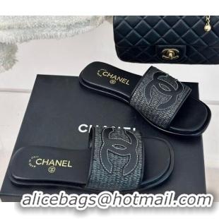 Grade Chanel Raffia Straw Flat Slide Sandals Black 424148