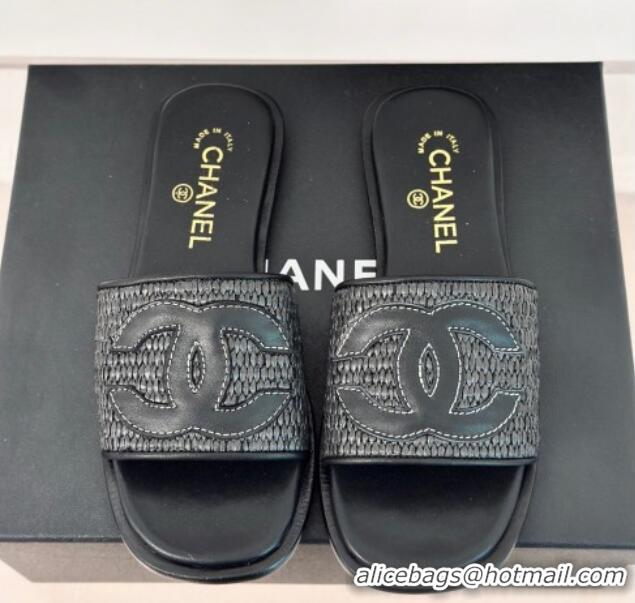 Grade Chanel Raffia Straw Flat Slide Sandals Black 424148