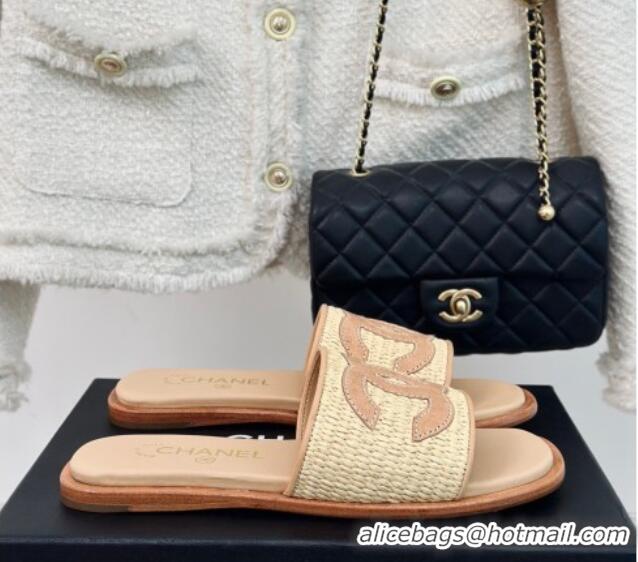 Buy Luxury Chanel Raffia Straw Flat Slide Sandals Beige 424149