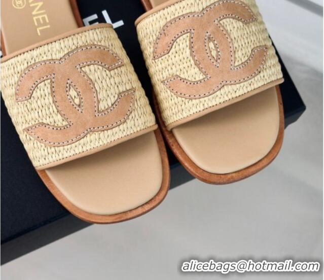 Buy Luxury Chanel Raffia Straw Flat Slide Sandals Beige 424149