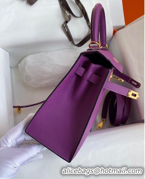 Best Price Hermes Kelly 32cm Bag in Original Epsom Leather K32 Purple/Gold 2024 (Half Handmade)