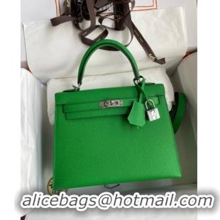 Grade Quality Hermes Kelly 32cm Bag in Original Epsom Leather K32 Bamboo Green/Silver 2024 (Half Handmade)