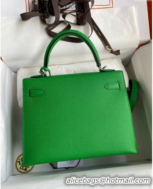 Grade Quality Hermes Kelly 32cm Bag in Original Epsom Leather K32 Bamboo Green/Silver 2024 (Half Handmade)