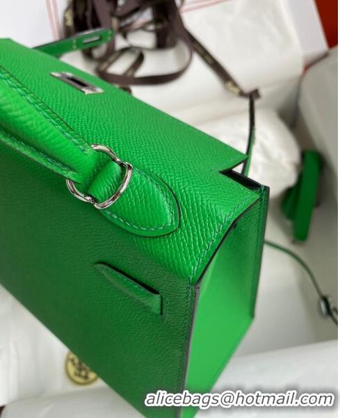 Grade Quality Hermes Kelly 32cm Bag in Original Epsom Leather K32 Bamboo Green/Silver 2024 (Half Handmade)