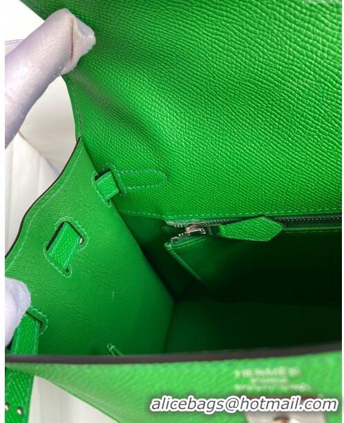 Grade Quality Hermes Kelly 32cm Bag in Original Epsom Leather K32 Bamboo Green/Silver 2024 (Half Handmade)