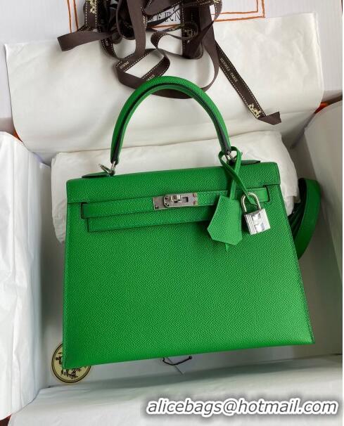 Grade Quality Hermes Kelly 32cm Bag in Original Epsom Leather K32 Bamboo Green/Silver 2024 (Half Handmade)