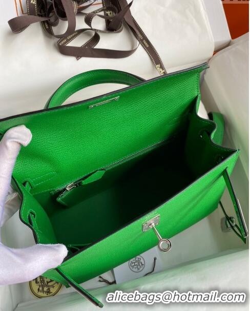 Grade Quality Hermes Kelly 32cm Bag in Original Epsom Leather K32 Bamboo Green/Silver 2024 (Half Handmade)