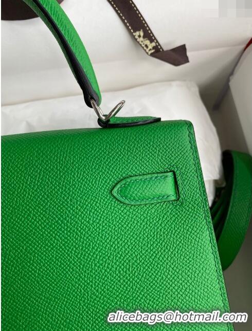 Grade Quality Hermes Kelly 32cm Bag in Original Epsom Leather K32 Bamboo Green/Silver 2024 (Half Handmade)