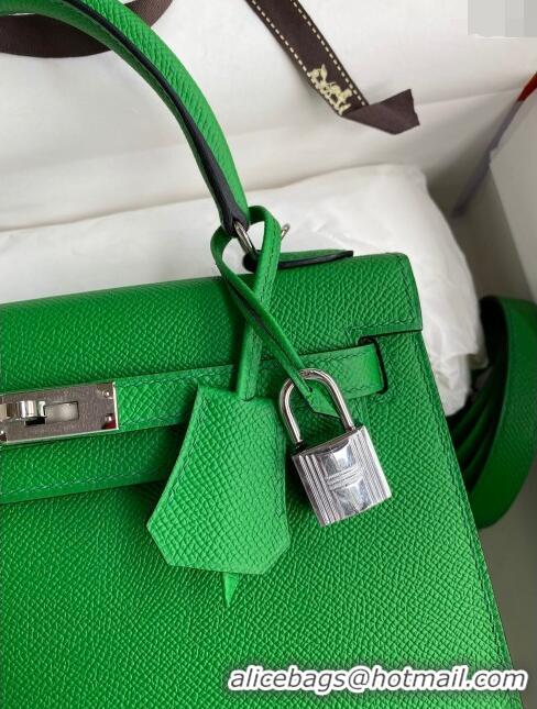 Grade Quality Hermes Kelly 32cm Bag in Original Epsom Leather K32 Bamboo Green/Silver 2024 (Half Handmade)