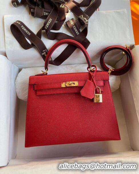 Best Price Hermes Kelly 32cm Bag in Original Epsom Leather K32 Red/Gold 2024 (Half Handmade)