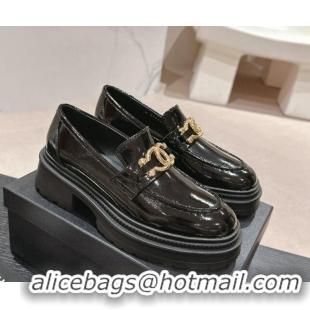 Unique Style Chanel Patent Calfskin Platform Loafers Black 424158