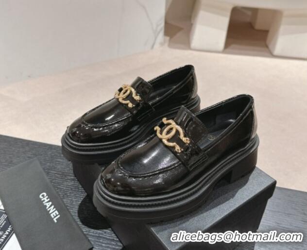 Unique Style Chanel Patent Calfskin Platform Loafers Black 424158