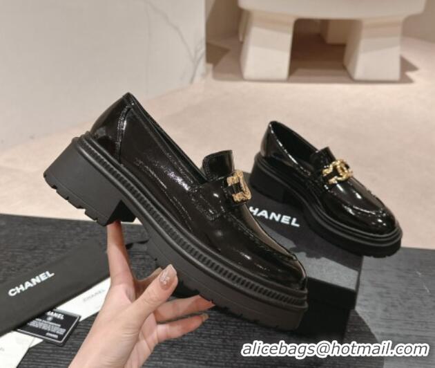 Unique Style Chanel Patent Calfskin Platform Loafers Black 424158