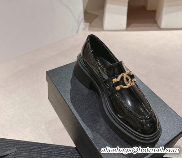 Unique Style Chanel Patent Calfskin Platform Loafers Black 424158