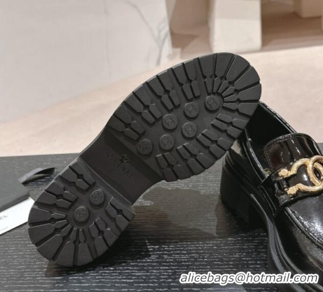 Unique Style Chanel Patent Calfskin Platform Loafers Black 424158