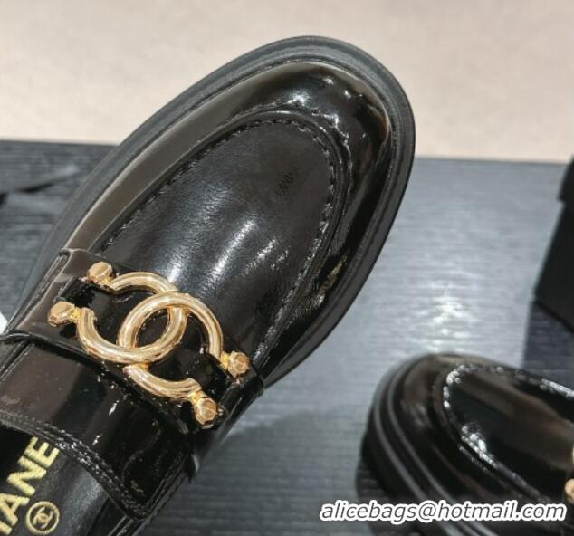 Unique Style Chanel Patent Calfskin Platform Loafers Black 424158