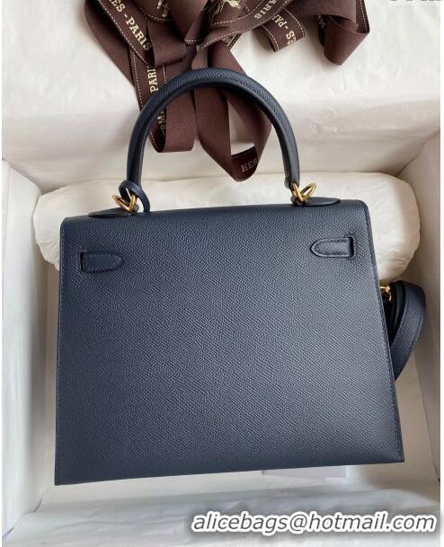 Super Quality Hermes Kelly 32cm Bag in Original Epsom Leather K32 Deep Blue/Gold 2024 (Half Handmade)