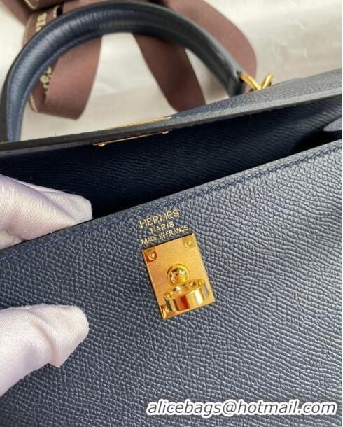 Super Quality Hermes Kelly 32cm Bag in Original Epsom Leather K32 Deep Blue/Gold 2024 (Half Handmade)