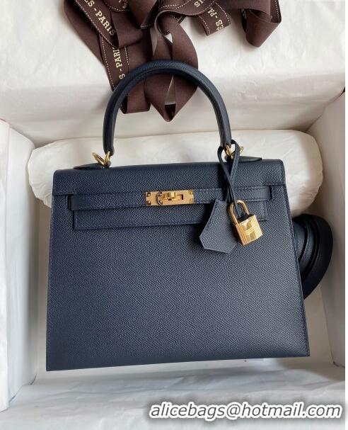 Super Quality Hermes Kelly 32cm Bag in Original Epsom Leather K32 Deep Blue/Gold 2024 (Half Handmade)