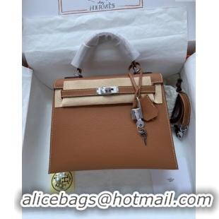 Top Quality Hermes Kelly 32cm Bag in Original Epsom Leather K32 Brown/Silver 2024 (Half Handmade)