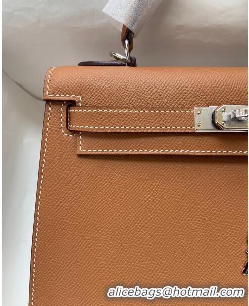 Top Quality Hermes Kelly 32cm Bag in Original Epsom Leather K32 Brown/Silver 2024 (Half Handmade)