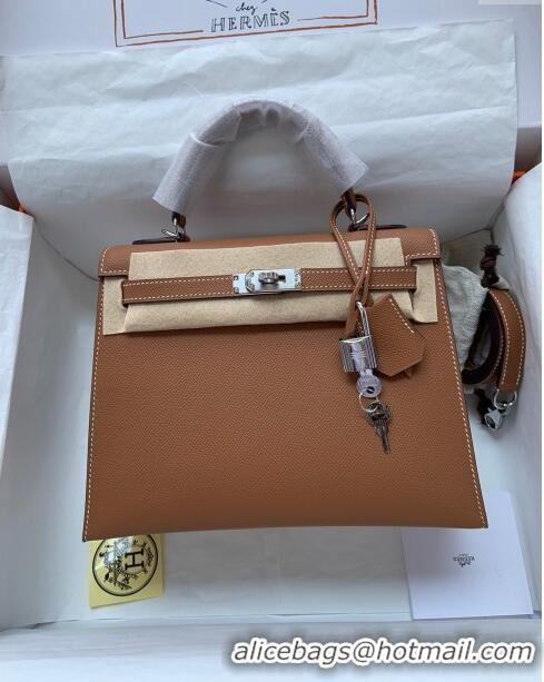 Top Quality Hermes Kelly 32cm Bag in Original Epsom Leather K32 Brown/Silver 2024 (Half Handmade)