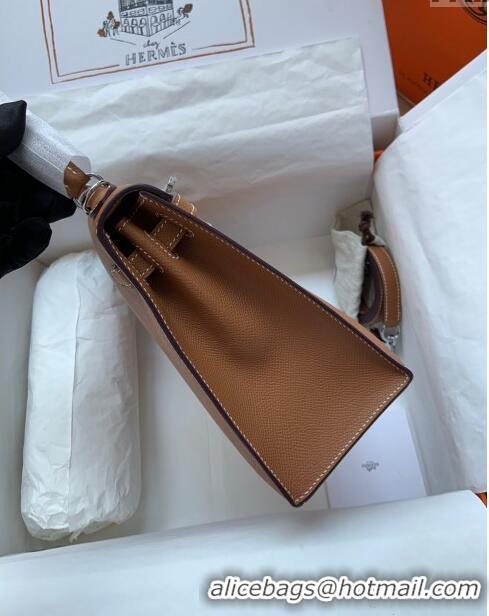 Top Quality Hermes Kelly 32cm Bag in Original Epsom Leather K32 Brown/Silver 2024 (Half Handmade)