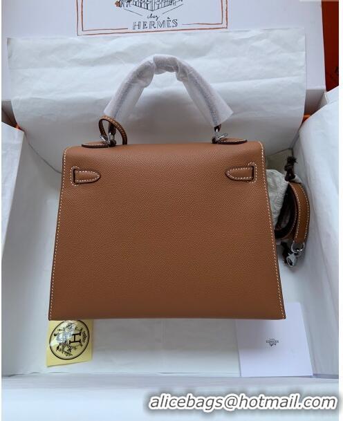 Top Quality Hermes Kelly 32cm Bag in Original Epsom Leather K32 Brown/Silver 2024 (Half Handmade)