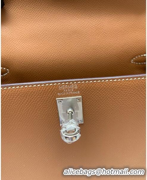 Top Quality Hermes Kelly 32cm Bag in Original Epsom Leather K32 Brown/Silver 2024 (Half Handmade)