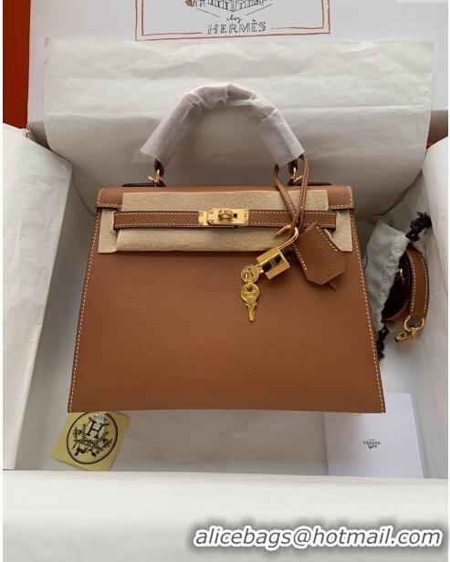 Pretty Style Hermes Kelly 32cm Bag in Original Epsom Leather K32 Brown/Gold 2024 (Half Handmade)