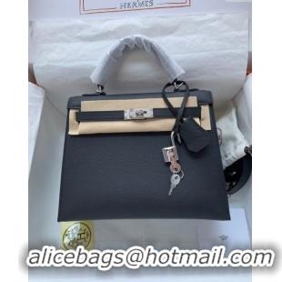 Buy Discount Hermes Kelly 32cm Bag in Original Epsom Leather K32 Black/Silver 2024 (Half Handmade)