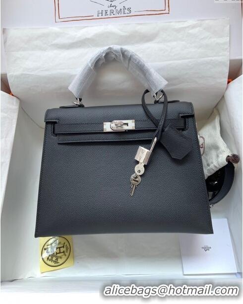 Buy Discount Hermes Kelly 32cm Bag in Original Epsom Leather K32 Black/Silver 2024 (Half Handmade)