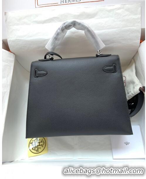 Buy Discount Hermes Kelly 32cm Bag in Original Epsom Leather K32 Black/Silver 2024 (Half Handmade)