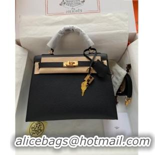 Grade Quality Hermes Kelly 32cm Bag in Original Epsom Leather K32 Black/Gold 2024 (Half Handmade)