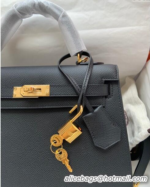 Grade Quality Hermes Kelly 32cm Bag in Original Epsom Leather K32 Black/Gold 2024 (Half Handmade)