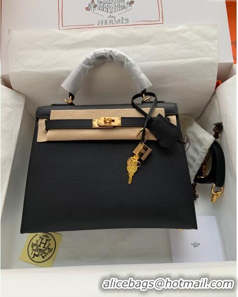 Grade Quality Hermes Kelly 32cm Bag in Original Epsom Leather K32 Black/Gold 2024 (Half Handmade)