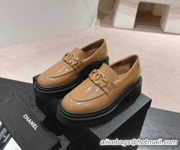 Durable Chanel Patent Calfskin Platform Loafers Brown 424159