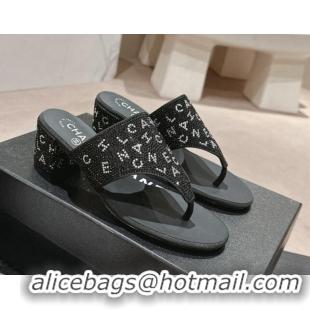 Shop Duplicate Chanel Crystals Heel Thong Slide Sandals 4.5cm with Letters Black 424160