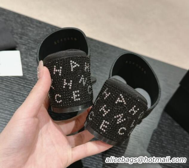 Shop Duplicate Chanel Crystals Heel Thong Slide Sandals 4.5cm with Letters Black 424160