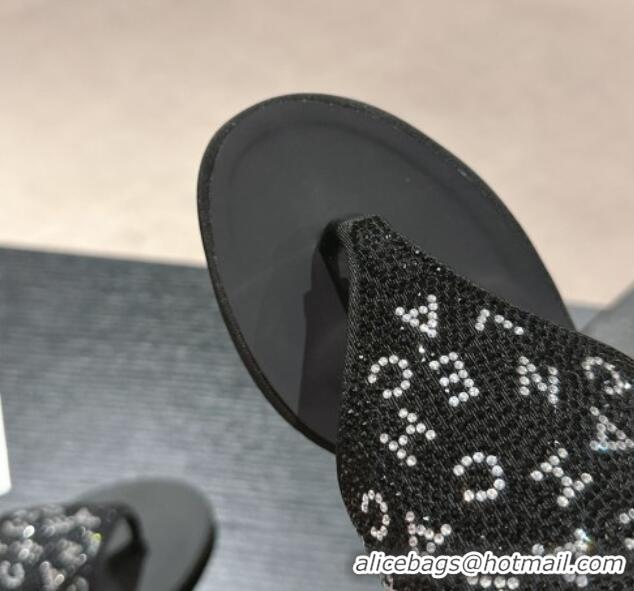 Shop Duplicate Chanel Crystals Heel Thong Slide Sandals 4.5cm with Letters Black 424160