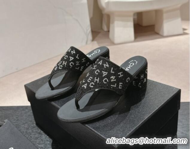 Shop Duplicate Chanel Crystals Heel Thong Slide Sandals 4.5cm with Letters Black 424160