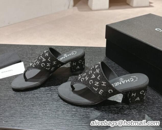 Shop Duplicate Chanel Crystals Heel Thong Slide Sandals 4.5cm with Letters Black 424160