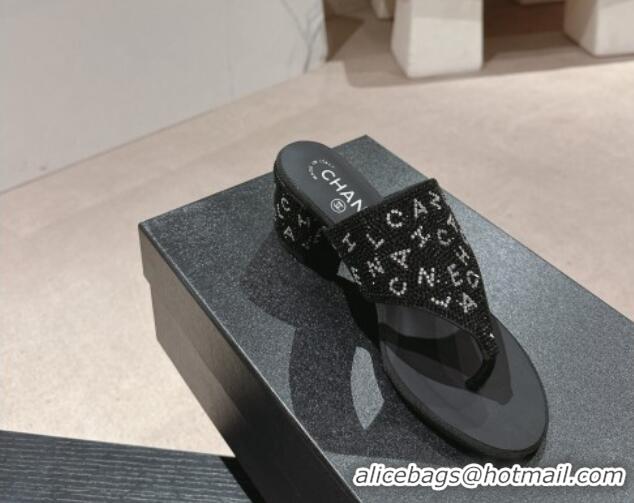 Shop Duplicate Chanel Crystals Heel Thong Slide Sandals 4.5cm with Letters Black 424160