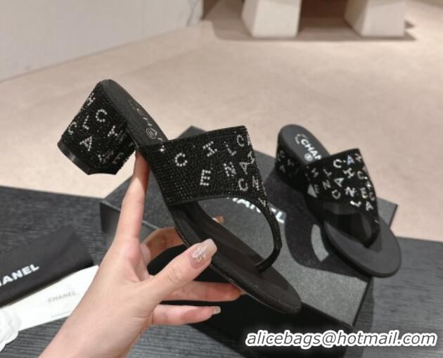 Shop Duplicate Chanel Crystals Heel Thong Slide Sandals 4.5cm with Letters Black 424160