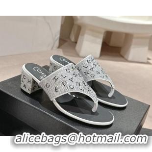 Grade Quality Chanel Crystals Heel Thong Slide Sandals 4.5cm with Letters Silver 424161