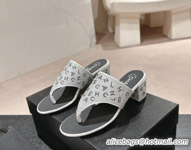 Grade Quality Chanel Crystals Heel Thong Slide Sandals 4.5cm with Letters Silver 424161